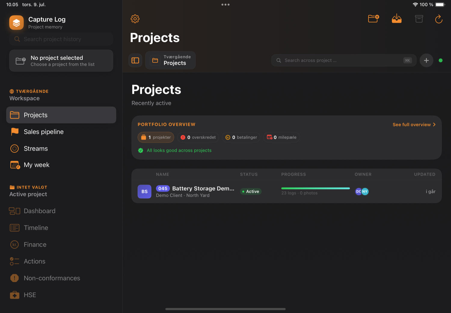 The project list in Capture Log