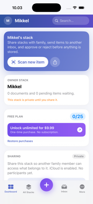 The StackStore Family dashboard on iPhone